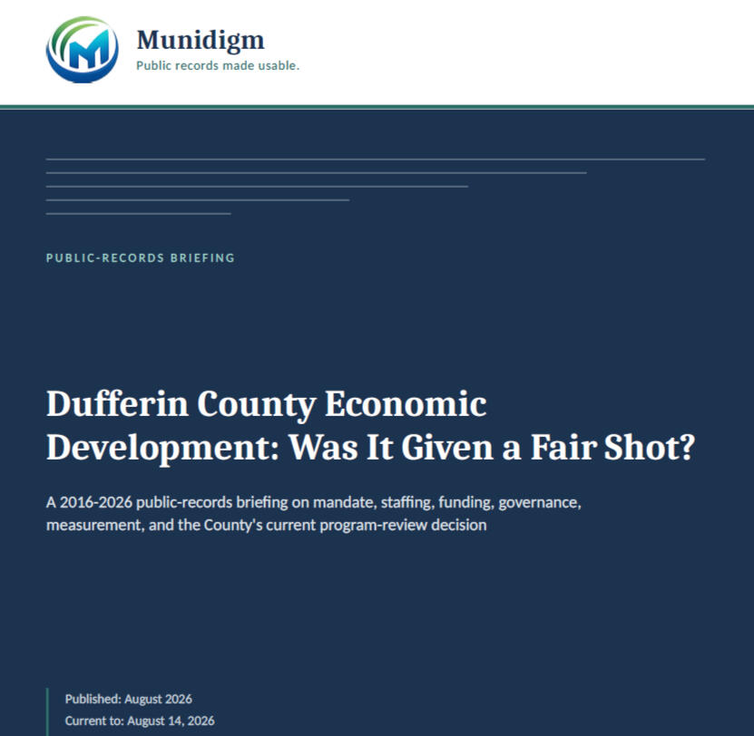 Dufferin County Economic Development Report Cover of Munidigm's Dufferin County Economic Development: Was It Given a Fair Shot? public-records briefing.